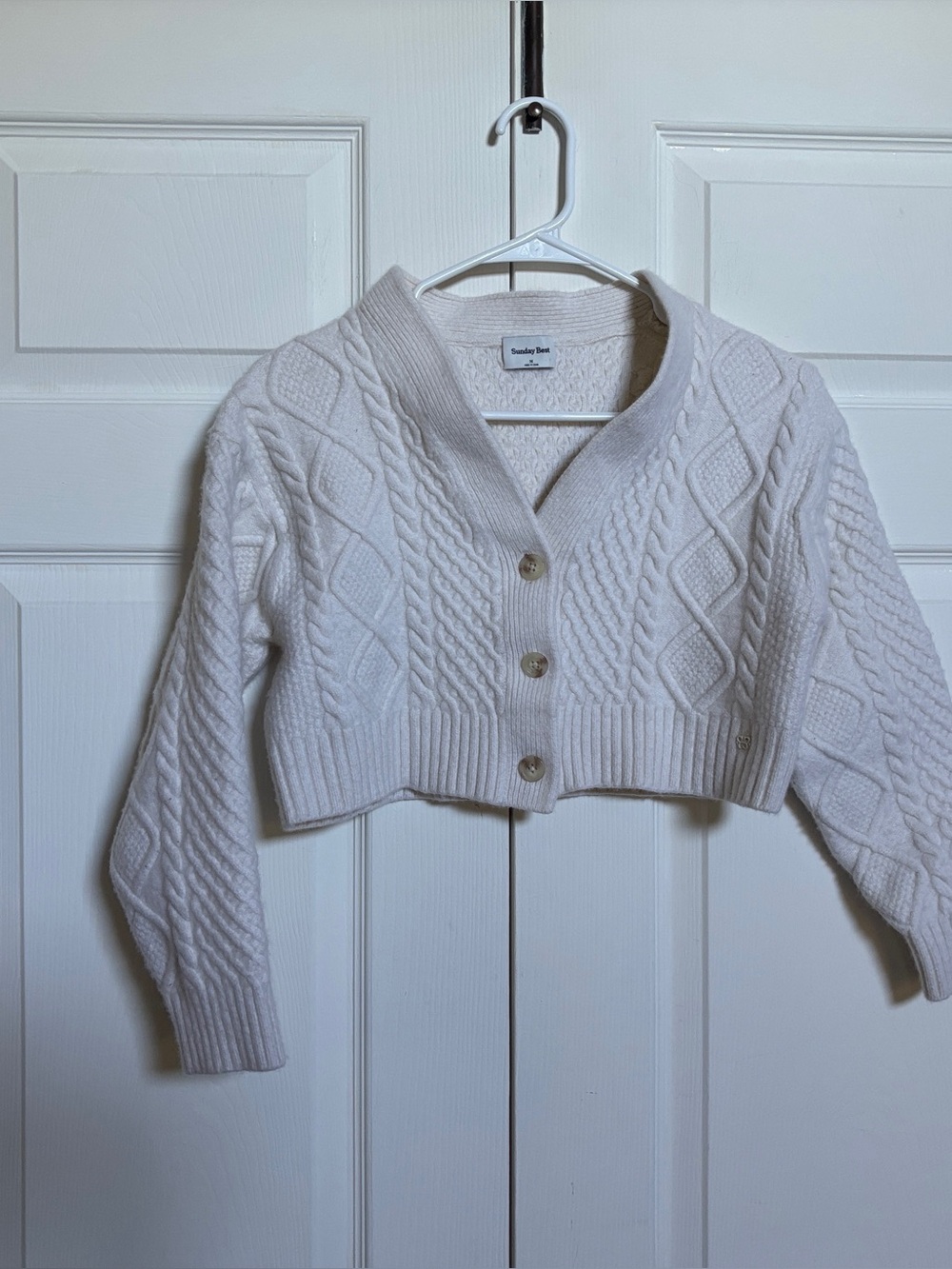Sunday Best Women’s M Merino Wool Cable Knit Cropped Cardigan White